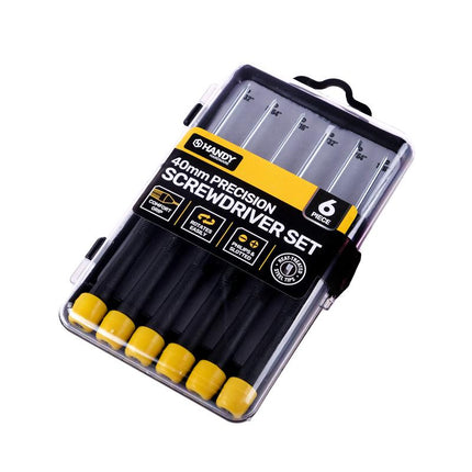 6-piece precision screwdriver set in case, black handles with yellow tips