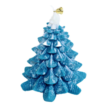 Blue-green Christmas tree-shaped candle with white top and gold-toned ornament
