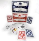 Playing cards with royal-style deck boxes and small face cards in red, blue, and white