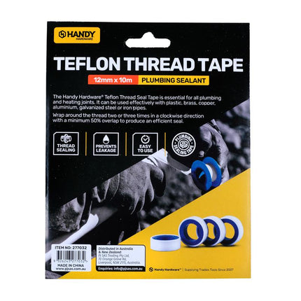 Handy Hardware Teflon thread tape packaging, 12mm x 10m plumbing sealant
