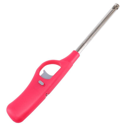 Pink long-reach refillable gas lighter with curved handle and extended metal nozzle