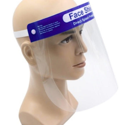 Clear face shield on headform with blue band and transparent visor