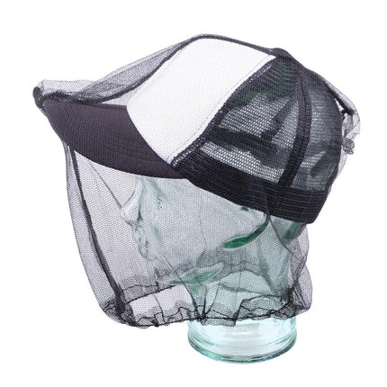 Black mesh head net with wide brim and elastic edge for insect protection.