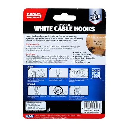 White removable cable hooks, 5-pack, blister card with instruction panel
