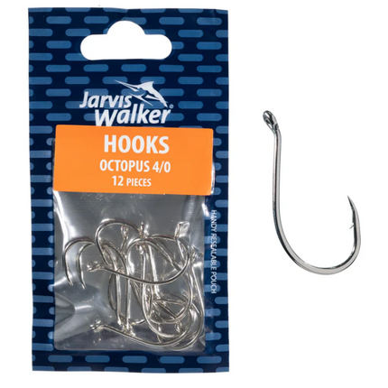 Nickel octopus fishing hooks, size 4/0, 12-pack in retail package