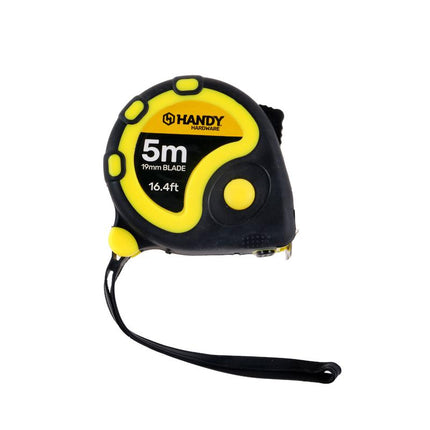Yellow and black 5m tape measure with wrist strap and retracting tape blade