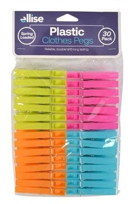 Durable plastic clothes pegs, 30-pack in orange, teal, pink, and yellow