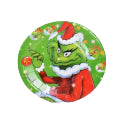 Round paper plates with green Grinch character graphic, 10-pack.