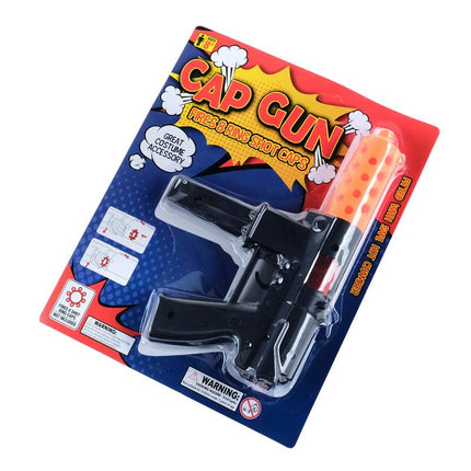 Cap gun toy in box, black handgun with orange barrel and red accent window