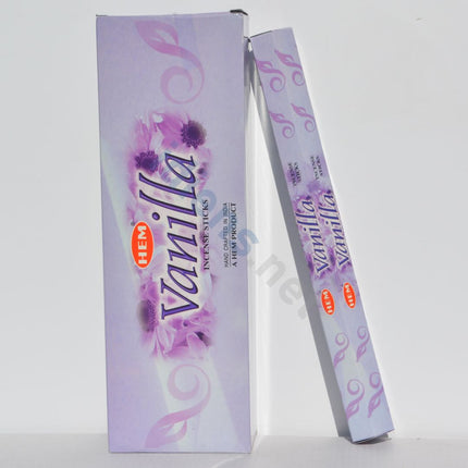 Vanilla incense sticks packaging box and sleeve in purple with floral artwork and HEM logo