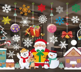 PVC holiday window cling set with snowflakes, Santa, penguins, gifts, and ornaments