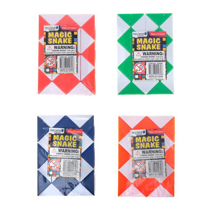 Cube snake puzzle packaging shown with red, green, blue, and orange cube shapes
