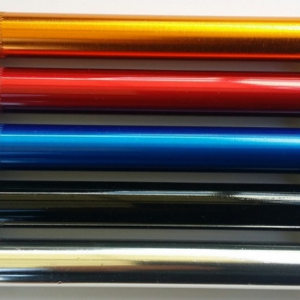 Set of metallic pens in yellow, red, blue, black with textured grip and cone ends