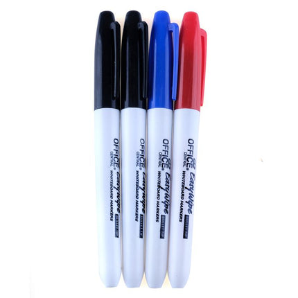 Fine-tip whiteboard markers, four colors: black, blue, and red