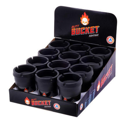 Black butt bucket ashtray with removable lid, multiple units in display tray