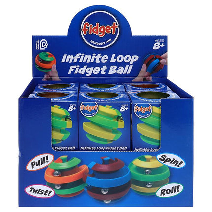 Fidget infinite loop fidget ball spinner display box showing multicolor ring balls and twist roll icons