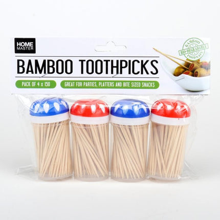 Bamboo toothpicks 4-pack package with four red and blue holders.