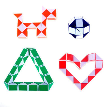 Interlocking cube snake puzzle in red, blue, and green forming geometric shapes