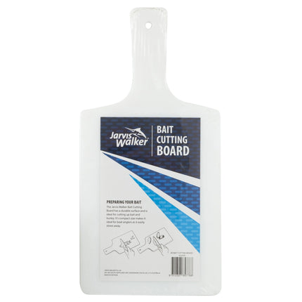 Jarvis Walker bait cutting board, white plastic with hanging hole and label