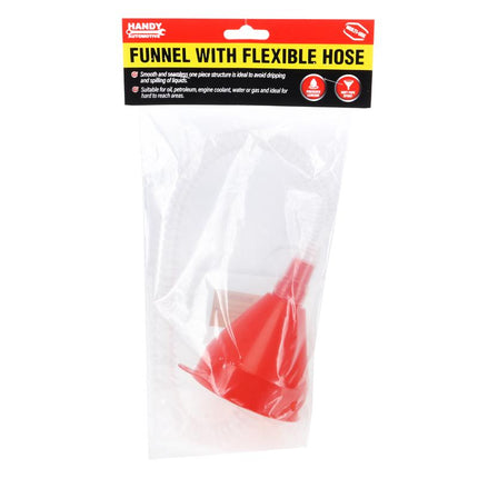 Red funnel with flexible hose, multipurpose funnel set in clear packaging bag