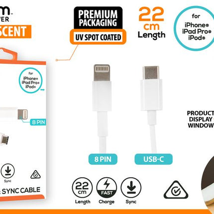 White USB-C to iPhone 8-pin cable, 22 cm, charging and sync