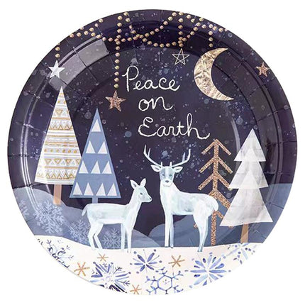 Navy Christmas paper plate with “Peace on Earth,” moon, trees, deer and stars