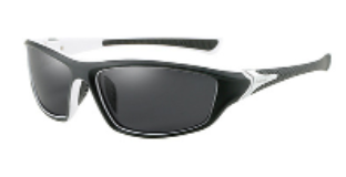 Men's sport sunglasses with black frames and dark gray lenses, front 3/4 view