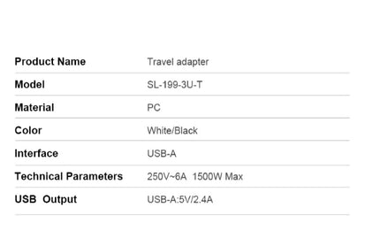 Travel adapter product spec sheet with model, color, and USB-A interface