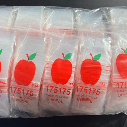 Pack of clear small ziplock bags with red apple print and 175175 original labels