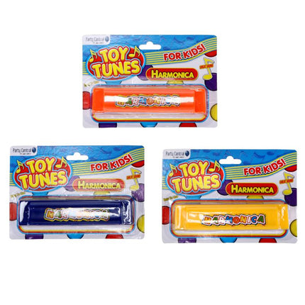 Kids harmonica toys in blister packs on cards, blue and orange styles