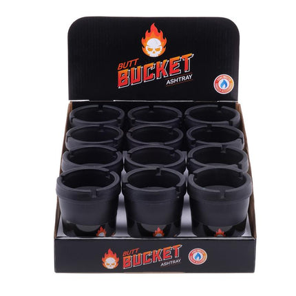 Black butt bucket ashtray set with removable lid, open top cups in display