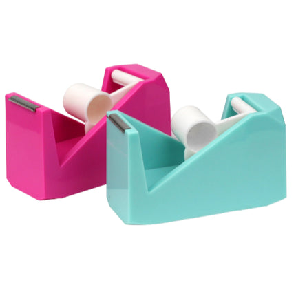 Tape dispenser with pink base, teal core, and two white tape rolls