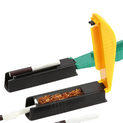 Cigarette rolling tube machine with green tray and yellow handle, black base