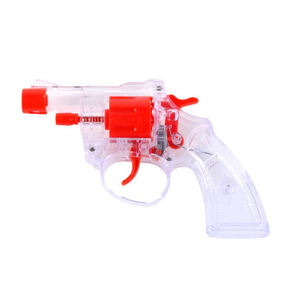 Clear plastic cap gun with red slide and red trigger, single-piece toy launcher