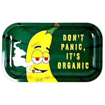 Large metal rolling tray with green base and yellow cartoon head, text 'DON'T PANIC'