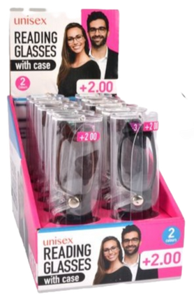 Unisex +2.00 reading glasses display pack with soft case, multiple pairs in box