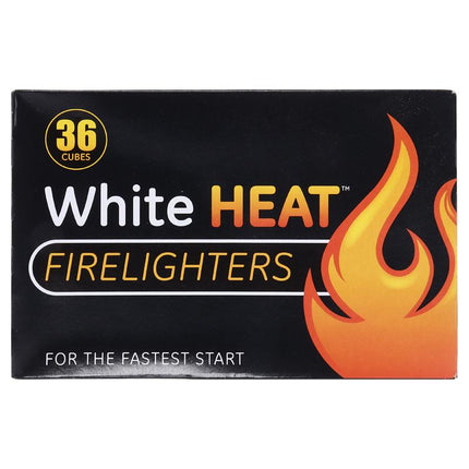 Front view black firelighter box with White HEAT Firelighters text and flame