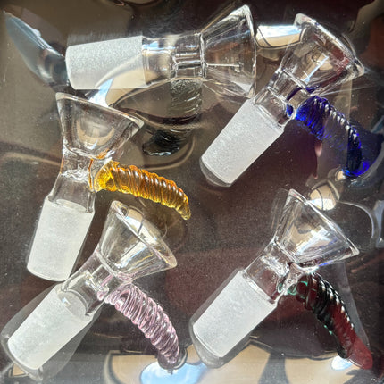 Clear glass cone pieces with blue, yellow, green, and red coiled spirals