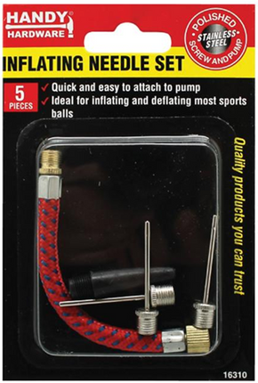 Pump inflating needle fitting set with stainless needles and adapters, 5pc blister pack