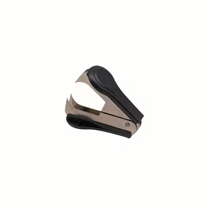 Compact staple remover with black handle and pointed metal prongs