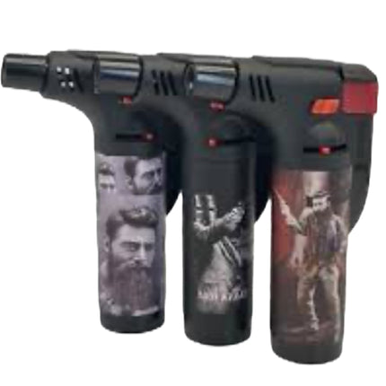 Black jet lighters with red switches and Ned Kelly character graphic panels, angled close-up