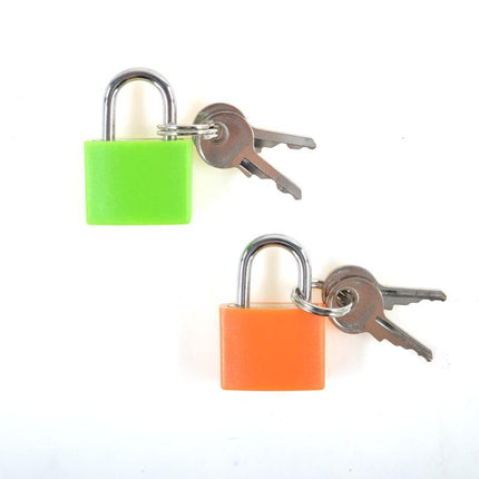 Pair of padlocks with silver shackle: green and orange square bodies, include keys