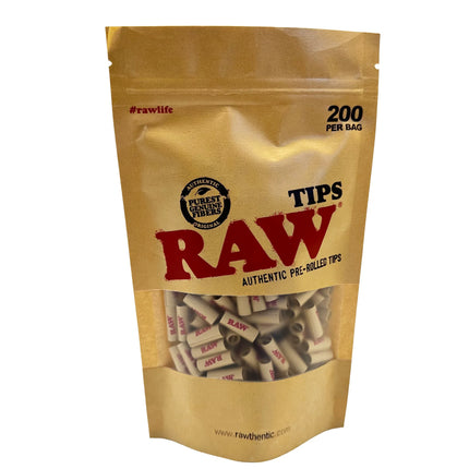 RAW authentic pre-rolled tips pouch, 200 per bag, brown kraft bag with RAW logo