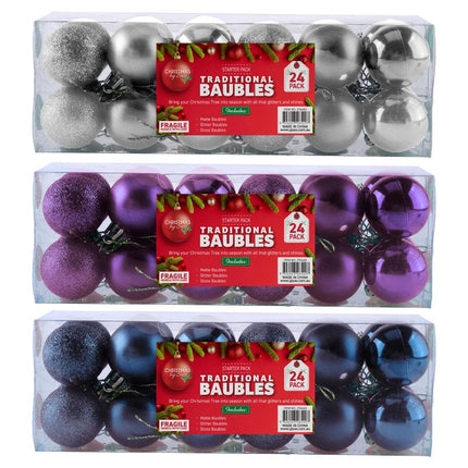 24-pack 40mm Christmas baubles in purple, navy and silver, boxed set