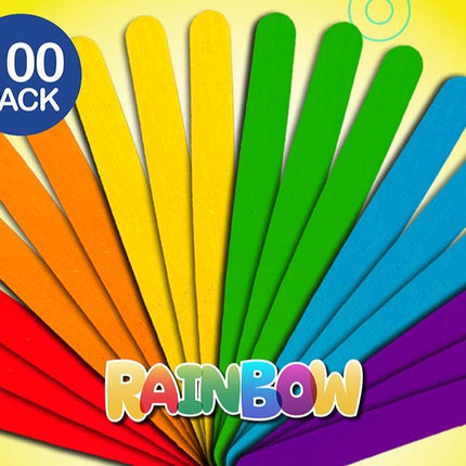 100-pack rainbow craft sticks fanned out in purple, blue, green, yellow, orange and red