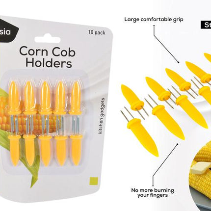 10-pack corn cob holders with yellow grips; labeled stainless steel