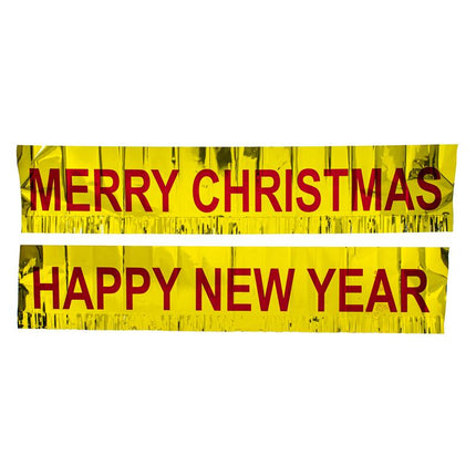 Foil banner strips reading Merry Christmas and Happy New Year, yellow with red text