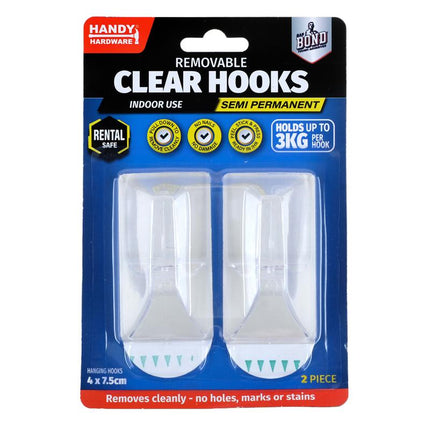 Removable clear plastic wall hooks, 2-pack, 7.5 x 4cm, holds up to 3kg