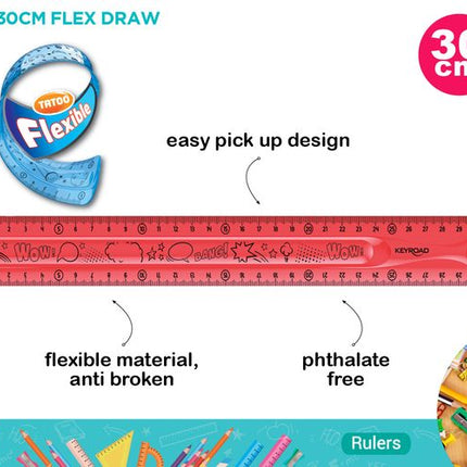 Keyroad Flex Draw 30 cm red flexible ruler with measurement marks and curved shape detail