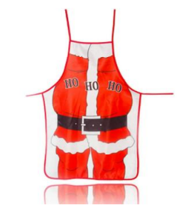 Santa Christmas apron with red fabric, black belt, and white trim